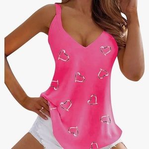 3 Vintage Heart Print Loose Fit V Neck Cami Tops